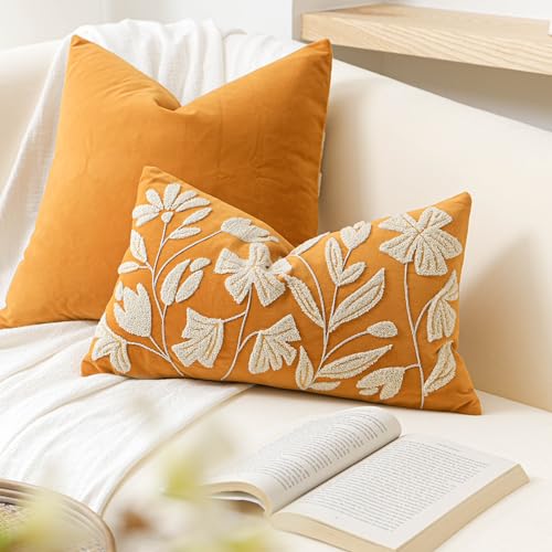 BlissBlush Lumbar Pillow Cover 12x20 Inch, Mustard Floral Tufted Velvet Decorative Accent Pillow Case for Sofa Bed Living Room, Cover Only - color: Yellow Mustard, size: 20" x 12" (Pack of 1)