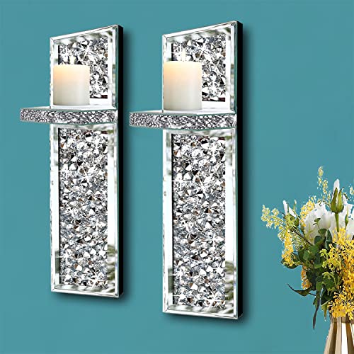 ZOLAPI Set of 2 Crystal Crush Diamond Candle Sconces, Gorgeous Silver Mirrored Wall Sconce, Candle Holder Glass Wall Decorations for Home Décor, Living Room, Dining Room. - color: Silver Mirror ①