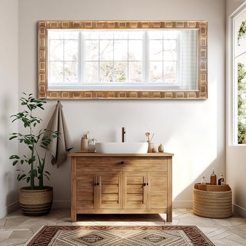 POZINO Full Length Mirror with Solid Wood Frame, 65"x30" Large Rustic Wall Mirror, Farmhouse Rectangle Accent Mirror for Entryway, Hallway, Dressing, Living Room, Bedroom, Horizontal or Vertical - color: Natural Wood, size: 65"Lx30"W