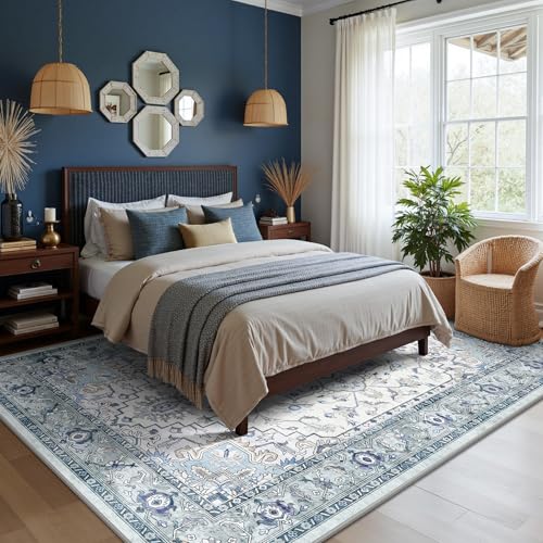 5x7 Area Rugs - Washable Rug Vintage Distress Boho Medallion Rugs for Living Room, Soft Non-Slip Backing Low Pile Carpet for Bedroom Dining Room Office Nursery Dorm Home, Blue Grey Purple - color: C- Blue/Grey/Purple, size: 5' x 7' (Rectangular)