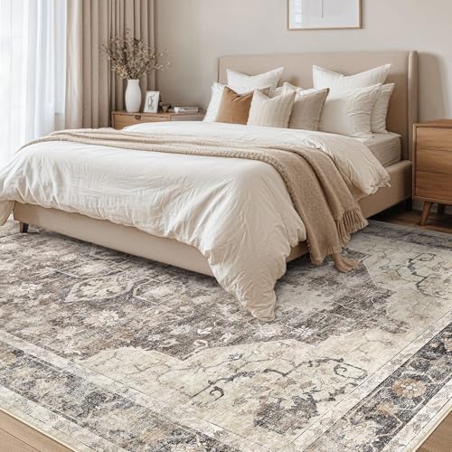 Area Rug for Living Room - 7X9 Soft Washable Vintage Floral Distressed Large Carpet - Fade Stain Resistant Non Slip Rugs for Bedroom Dining Room Nursery Dorm Office Home Decor - Dark Brown - color: Dark Brown, size: 7' x 9' (Rectangular)