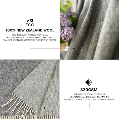 New Zealand Virgin Wool Throw Blanket, Indoor & Outdoor, Soft Blanket with Fringes, 55 x 79 in (140 x 200 cm) - color: Smoke Gray, size: Twin