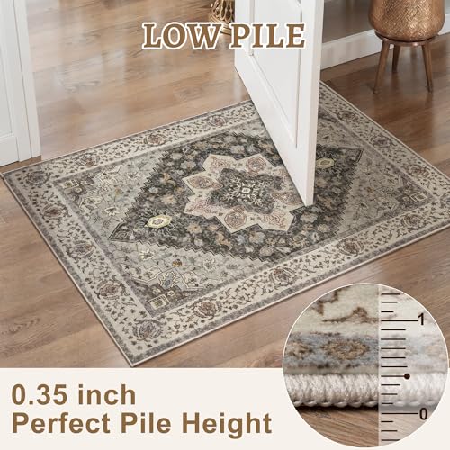 Tangsoo 2x3 Washable Rugs for Entryway, Vintage Non Slip Small Area Rug, Farmhouse Indoor Front Door Rug, Door Mat Small Carpet, Soft Low Pile Entry Rug for Entrance Kitchen Bedroom Grey/Multi - color: Grey/Multi, size: 2' X 3' (Rectangular)