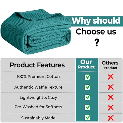 100% Cotton Blankets for Bed - Waffle Weave Blankets for Summer, Lightweight and Breathable Soft Woven Blanket for Spring (Teal, Twin (60" x 90")) - color: Teal, size: Twin (60" x 90")