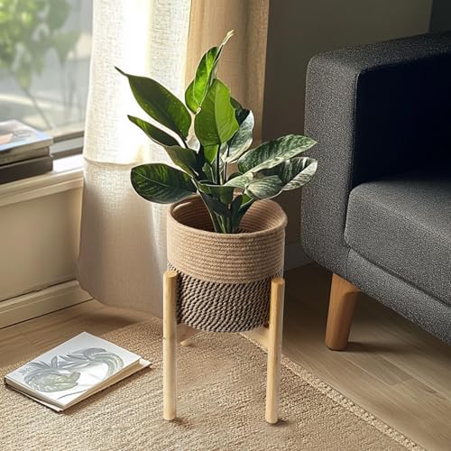 Plant Basket with Stand, Indoor Round Wicker Basket Plant with Bamboo Wood Stand, Decorative Woven Rope Flower Indoor Planter with Legs, Boho Bamboo Wood Planter Holder (Jute Black Stripes) - color: Jute Black Stripes
