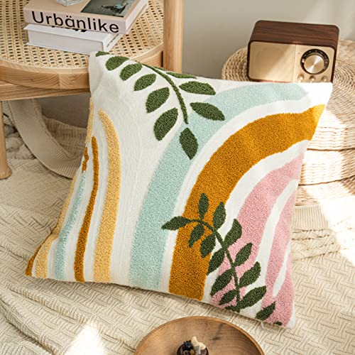 Stylish Bohu Colorful Throw Pillow Covers 18x18,Soft Mid Century Floral Minimalist Geometric Line Aesthetic Embroidered Throw Pillowcases for Couch Sofa Bedroom Living Room,1PC - color: Brown,green,wathet,pink