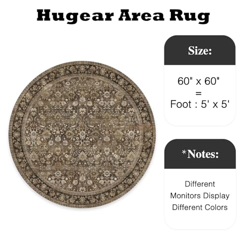 HUGEAR Round Rug 5ft Entryway Rugs Machine Washable Brown Hallway Area Rug 5x5 Small Circle Accent Rug Floral Low Pile Carpet Soft Throw Rug Living Room Office Laundry Room Entrance Non Slip - color: Floral | Brown, size: 5' (Round)