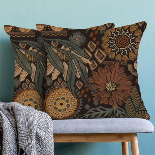 Boho Floral Pillow Covers 18x18 Inch Set of 2, Boho Brown Plant Outdoor Decorative Retro Bohemian Flower Throw Pillows Brown Tropical Leaves Couch Cushion Case for Chair Sofa Bedroom - color: Vc4, size: 18" x 18" (Pack of 2)