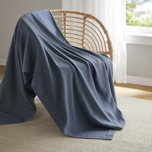 Madison Park 100% Egyptian Cotton Lightweight Summer Blanket, Breathable Waffle Knit Design, Soft Cozy All-Season Throw for Bed, Couch or Sofa, Navy Blue Twin Size (66"x90") - color: Blue, size: Twin