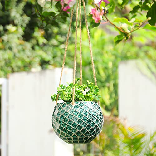 Ceramic Hanging Planter Mosaic Hanging Flower Pot Small Plant Pot for Indoor Plant Disco Ball Planter with Drainage - color: Square Green