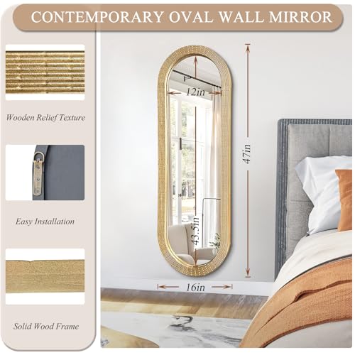WAMIRRO Gold Oblong Wood Mirror, 47X16 Inch Hand Carved Solid Wood Capsule Frame Oval Mirror for Wall Mount, Farmhouse Boho Decor for Living Room, Bathroom, Bedroom, Hallway & Entryway - size: 47"L x 16"W