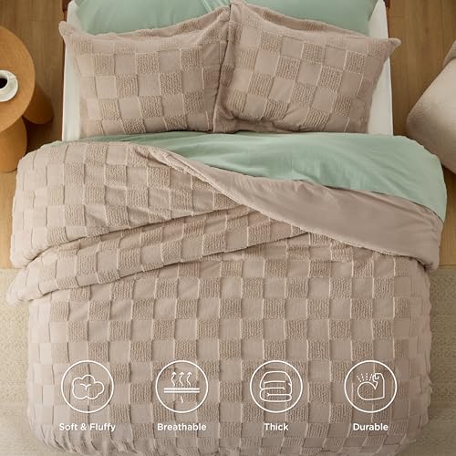 Bedsure Khaki Queen Size Comforter Set, Boho Tufted Bed Set, Checkered Farmhouse-Style Distressed Vintage Bedding, 3 Pieces, 1 Plaid Geometric Comforter and 2 Pillow Shams - color: 01 - Khaki - Tufted Checkboard, size: Queen