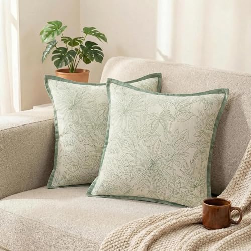 Floral Spring Throw Pillow Covers 20x20 Set of 2 Chenille Velvet Decorative Pillows for Bed Couch Living Room William Morris Farmhouse Cushion Covers Sage Green and White - color: Floral Green, size: 20" x 20" (Pack of 2)