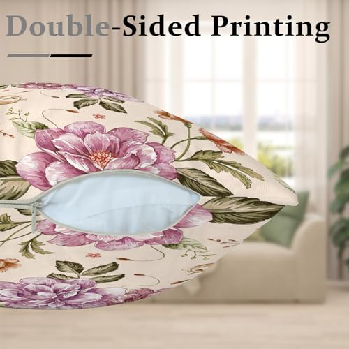 Pink Flower Throw Pillow Covers,Vintage Floral Decorative Velvet Pillow case,Rustic Flowers Pattern 4-Pack Double-Side Printed Pillowcases for Sofa Home Living Room, 18x18 in - color: Pink, size: 18" x 18" (Pack of 4)