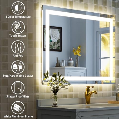XRAMFY 30'' x 40'' LED Bathroom Mirror with Lights, Wall Mirror with Front and Backlight, 3 Colors Vanity Mirror with Lights, Anti-Fog Wall Mirror for Bathroom - size: 40"L x 30"W