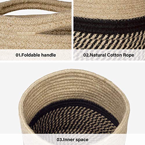 TIMEYARD Sturdy Jute Rope Plant Basket Modern Woven Basket up to 7.5 Inch Flower Pot Floor Indoor Planters, 8” x 8” Storage Organizer Baskets Rustic Home Decor, Black Stripes - color: Black and Jute, size: 8" x 8"