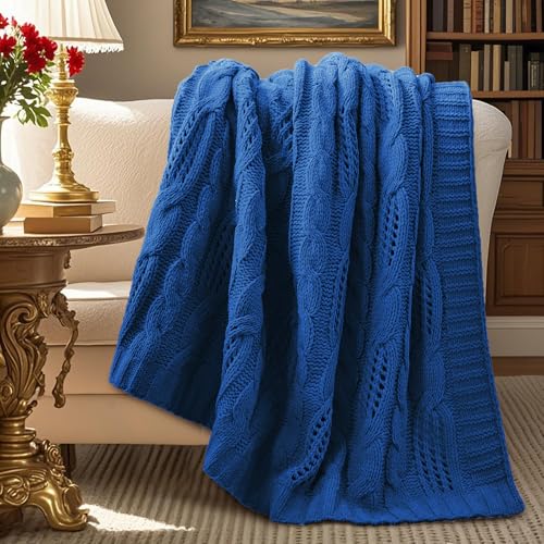 Amélie Home Chunky Knit Throw Blanket, Dual-Sided Soft Chenille Breathable Cable Knitted Blanket for Couch, Farmhouse Decorative Throw for Sofa & Chair, 50"x60", Blue - color: Blue, size: Cable Knit 50"x60"
