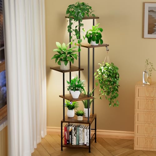 Homsorout Plant Stand Indoor with Grow Light - 6-Tier Metal Plant Shelf with Hanging Basket Hook, Corner Tall Flower Holder for Multiple Plants, Living Room Balcony Garden Patio, Rustic - color: Rustic, size: 6-Tier
