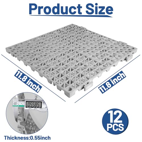12PCS Drainage Interlocking Floor Tiles 11.8" x 11.8", Modular Interlocking Cushion Soft PVC Floor Non-Slip Splicing Waterproof Mat for Pool, Shower, Patio, Balcony, Bathroom, Kitchen, Yard（Grey） - size: Grey--12x12inch