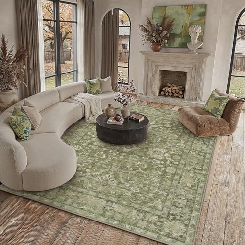 HUGEAR 8x10 Washable Vintage Area Rug Green Neutral Distressed Low Pile Non Slip Soft Carpet Indoor Large Throw Rug for Living Room Bedroom Dining Room Home Office - color: Green, size: 8' x 10' (Rectangular)