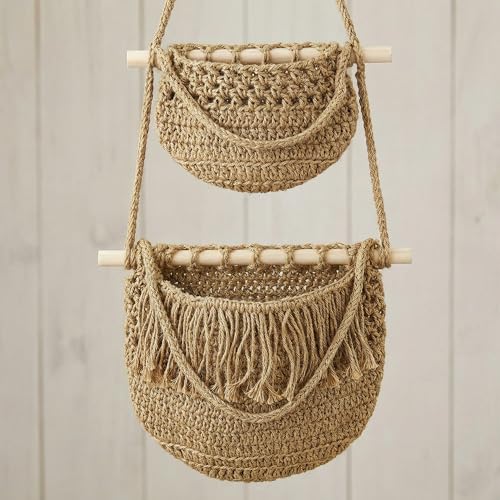 Cabilock 3 Tier Hanging Fruit Basket for Kitchen - Boho Macrame Woven Wall Storage for Onion and Potato, Space-Saving Cotton Rope Produce Organizer for Pantry & Bathroom