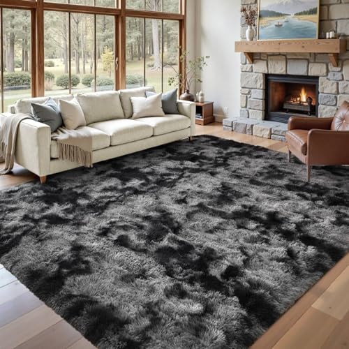 Area Rugs for Living Room 9x12 Black Grey Fluffy Rug,Super Fuzzy Fur Bedroom Carpet for Boys Dorm Office Nursery Modern Home Decor - color: A-tie-dye Darkgrey, size: 9' X 12' (Rectangular)