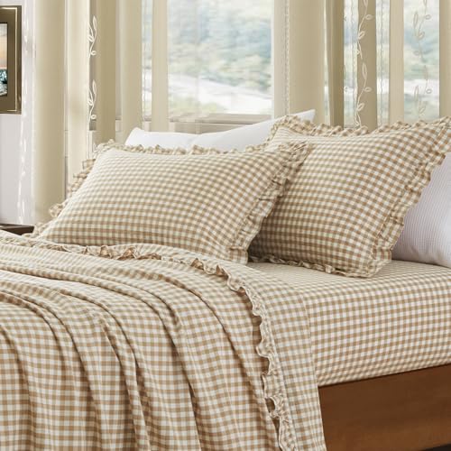 KKJIAF 2 Pcs Plaid Ruffle Pillow Case Standard Size, Ruffled Gingham Cotton Pillowcases 20x26 Inch, Linen Feel Plaid Bed Pillow Shams with Envelope Closure for Bed Sofa (Taupe) - color: Taupe/White Plaid, size: 26" x 20" (Pack of 2)