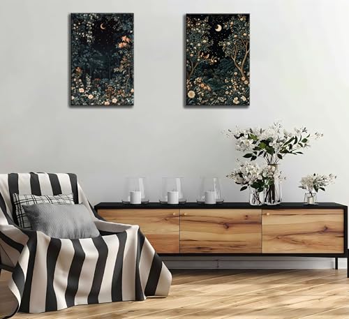 2Psc Vintage Dark Moon Botanical Framed Canvas Wall Art Dark Flower Painting Picture Wall Decor William Morris Night Fores Poster Print Artwork for Bedroom Living Home Decoration16x24 Inch - color: YUELIANGHUAHUI, size: 24"L x 16"W