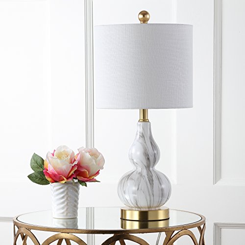 JONATHAN Y 20.5" Black/White Glass Table Lamp, Modern Gourd Bedside Nightstand Lamp for Bedroom, Living Room, White Linen Shade, LED Bulb Included (JYL1028D) - color: Black / White, size: Single
