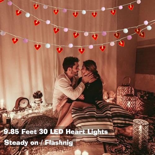 ChiRee Red Heart String Lights 9.85 Ft Valentines Light with 20 LEDs 20 Pink Pom Poms Garland Lights Battery Operated with Timer Valentines Decorations for Wedding Party Valentine Decor - style: Pink-Red Heart