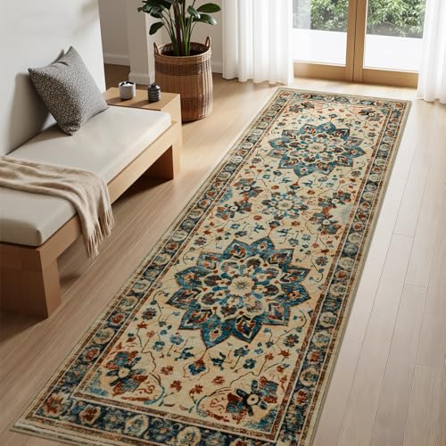 Joydeco Washable 2x6 Hallway Runner Vintage, Beige & Blue & Reddish-Brown | Water Resistant Low Pile Non Slip Backing for Kitchen Entryway Bedroom Bathroom Dining Room - color: Beige&blue&reddish-brown, size: 2' x 6' (Runner)