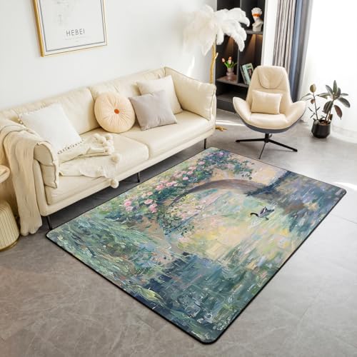 Erosebridal Vintage Area Rug 4'11" x 3'3" Floral Landscape Living Room Rugs Country Nature Decorative Carpet Impressionism Aesthetic Indoor Floor Mat - color: Beige Green Pink, size: 3'3" x 4'11" (Rectangular)