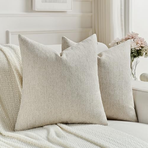 FUTEI Pack of 2 Chenille Decorative Throw Pillow Covers 16x16 Inch,Soft Cozy Faux Linen Textured Cushion Case,Farmhouse Home Decor for Couch Living Room,Natural Linen - color: Natural Linen, size: 16" x 16" (Pack of 2)