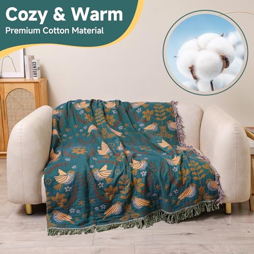 Boho Throw Blanket for Bed Couch 100% Cotton Woven Bed Throws for All Season Lightweight and Soft Cozy Farmhouse Reversible Muslin Decorative Blanket for Travel Picnic, Teal/Cream, 60''x80'' - color: Animal Spring Bird, size: 60''x80''