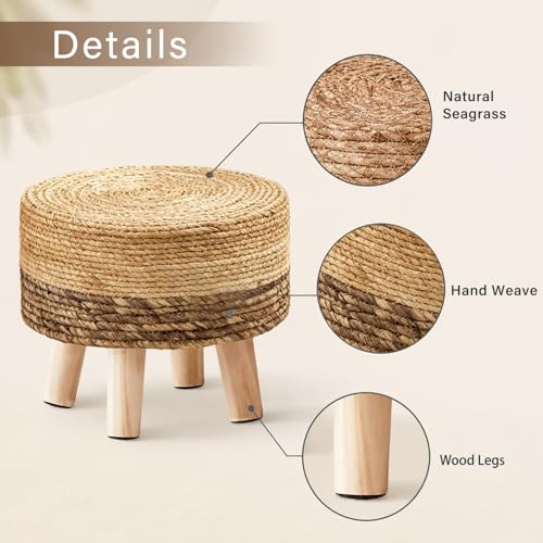 Wimarsbon Round Foot Stool Natural Seagrass Poufs Ottoman Hand Weave Footrest Stool for Couch Desk Extra Seat Step Stool with Solid Wood Legs for Hallway Patio Lounge Brown - color: Brown, size: 13"D x 13"W x 10.6"H