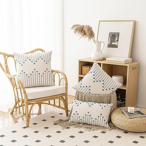 LILEPOY Boho Throw Pillow Covers 18x18 Set of 2 Neutral Decorative Textured Cushion Case Farmhouse Pillowcase Modern Square Pillow Covers for Sofa,Couch, Living Room,Beige and Blue - color: Beige and Blue, size: 18" x 18" (Pack of 2)