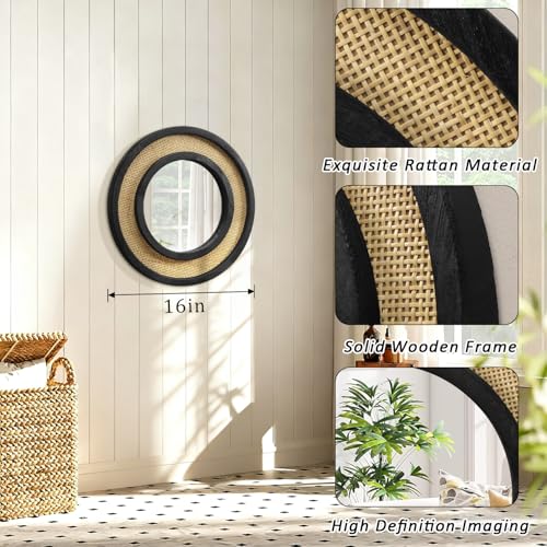 JJUUYOU Wall Mirror Black with Circle Wood Frame Round Rattan Hanging Mirrors Decorative for Bedroom Living Room Bathroom Entryway 16 Inch - color: Round Mirror-black, size: 16"L x 16"W