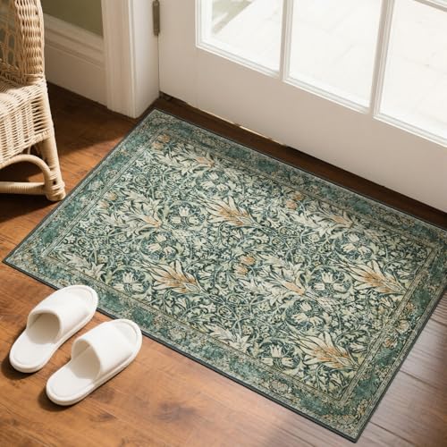 Vintage Floral Entryway Rug 2X3 Rugs,Soft Non-Slip Machine Doormat for Entrance,Stain Resistant Small Area Rug for Bedroom, Kitchen, Laundry, Bathroom - color: Darkgreen, size: 2' x 3' (Rectangular)