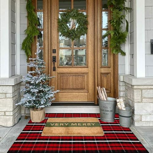 CAINANEL Buffalo Plaid Outdoor Rug Christmas Door Mat Christmas Decor Welcome Rug Cotton Hand-Woven Layered Door Mats for Front Porch, Kitchen, Farmhouse, Entryway (35.4''x59'', Red/Black/White) - color: Red/Black/White Plaid, size: 3' x 5' (Rectangular)