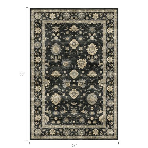 LUXRUG 2x3 Washable Entry Rug - Small Entryway Area Rug Non-Slip Door Mat Indoor Entrance Charcoal Black Vintage Floral Kitchen Rug Low Pile Boho Throw Rugs for Entryway Bedroom Bathroom - color: Charcoal Black, size: 2' x 3' (Rectangular)