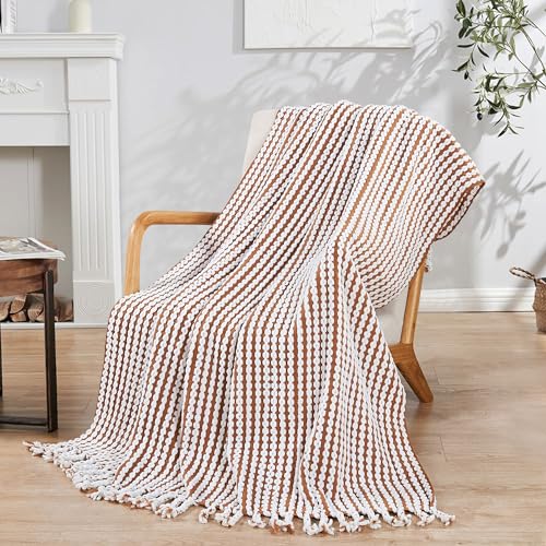 Striped Knit Throw Blanket with Braided Tassels 50" x 60", Hand Knitted Soft Chunky Chain Design Boho Farmhouse Blanket, Two Tone Tassel Decor Throw for Couch Bed Sofa Outdoor, Camel White - color: Camel White