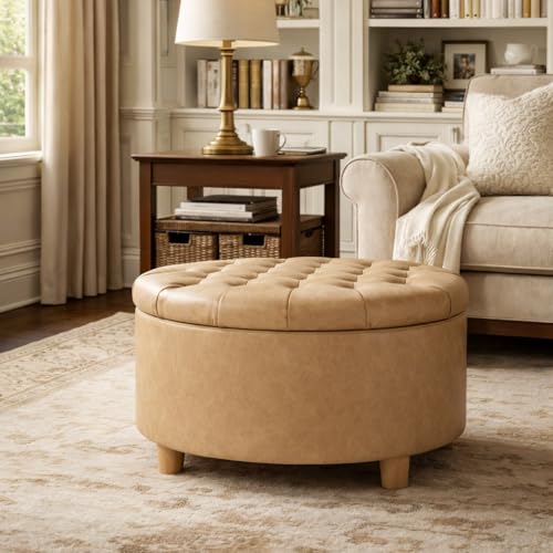 HomePop 28" Button Round Storage Ottoman - Light Camel Faux Leather - color: Light Camel Faux Leather