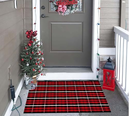 Christmas Door Mats Outdoor Rug 24'' x 35''Black and Red Outdoor Machine Washable Welcome Mats Cotton Hand-Woven Entryway Rug for Front Porch/Entryway/Laundry/Bathroom/Bedroom - color: Black Red, size: 24''x 35''