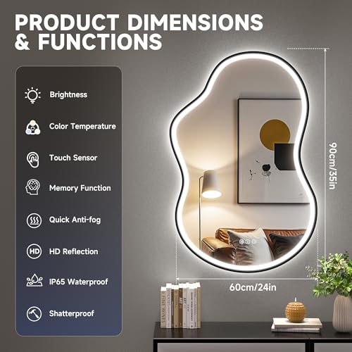 Hasipu Irregular Bathroom Mirror with Lights - 24"x35" LED Asymmetrical Wall Mirror, Abstract Modern Lighted Vanity Mirror for Wall, Anit-Fog, Dimmable, Memory, Vertical/Horizontal (Black - color: Black, size: 24"x35"