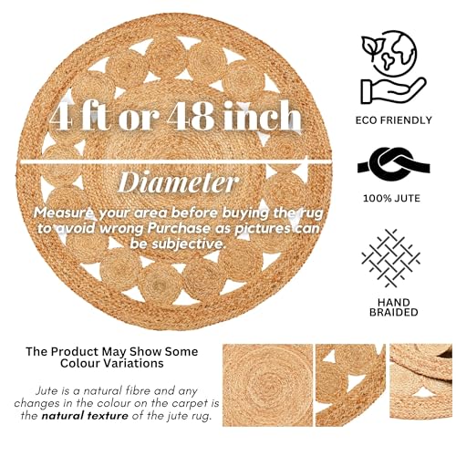 Hand Woven Braided Jute Rug - 4' Round - Reversible Farmhouse Dining Room Rug, Living Room, Bedroom, Kitchen - Natural Decorative Floor Circle Boho Entry Area Rugs - 4 Foot Round Rug - color: Natural Jute 6, size: 4' (Round)