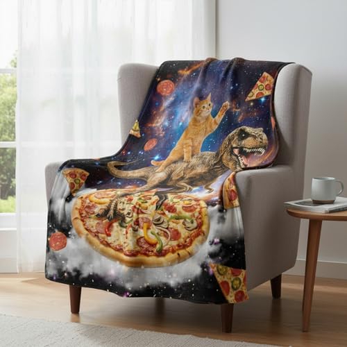 Neasow Funny Ginger Cat Dinosaur Pizza Throw Blanket, Galaxy Space Food Flannel Meme Fun Blanket, Super Soft for Couch Dorm Sofa Room, Gag Gift for Kids Boys Teens, 50×60 inch - color: Cat Dinosaur Pizza, size: 60"L x 50"W