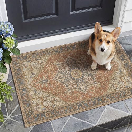 2x3 Washable Small Front Door Terracotta with Vintage Orient Design, Soft Rug for Entryway or Kitchen, Non-Slip Low Pile Stain Resistance Features, Distressed Medallion Pattern - color: 01/Terracotta/Almond/Midnight/Toffee, size: 2' x 3' (Rectangular)