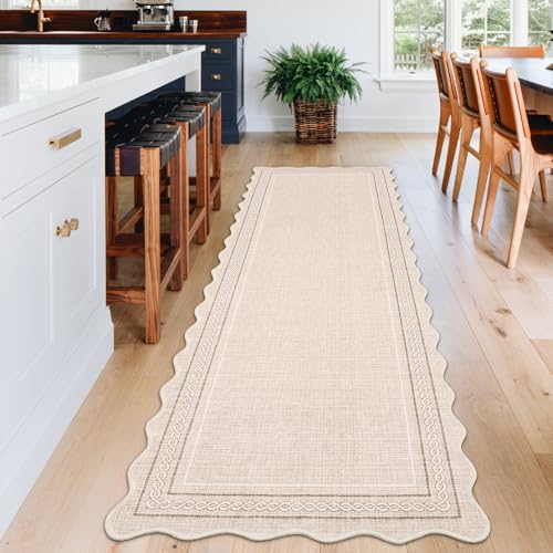 GarveeHome Scalloped Washable Runner 2x8 Rugs for Entryway Non Slip Kitchen Runner Beige Bordered Neutral Rugs Low Pile Hallway Rug Stain Resistant Carpet for Bathroom Laundry Room, Beige - color: Beige, size: 2' x 8' (Runner)