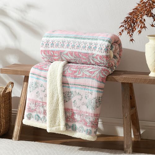 Boho Chic Sherpa Throw Blanket - Vibrant Bohemian Print & Ultra-Soft Cozy Lining, Stylish & Warm Winter Throw for Couch, Bed, or Décor - color: Boho-pastel Pink, size: 50" x 60"