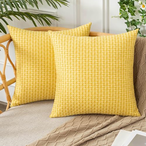 UGASA Outdoor Waterproof Pillow Covers Pack of 2 Weaving Texture Water Resistant Outside Decorative Pillow Cases for Patio Garden Porch Yard Bench Tent 18x18 Inch, Yellow - color: Yellow, size: 18" x 18" (Pack of 2)